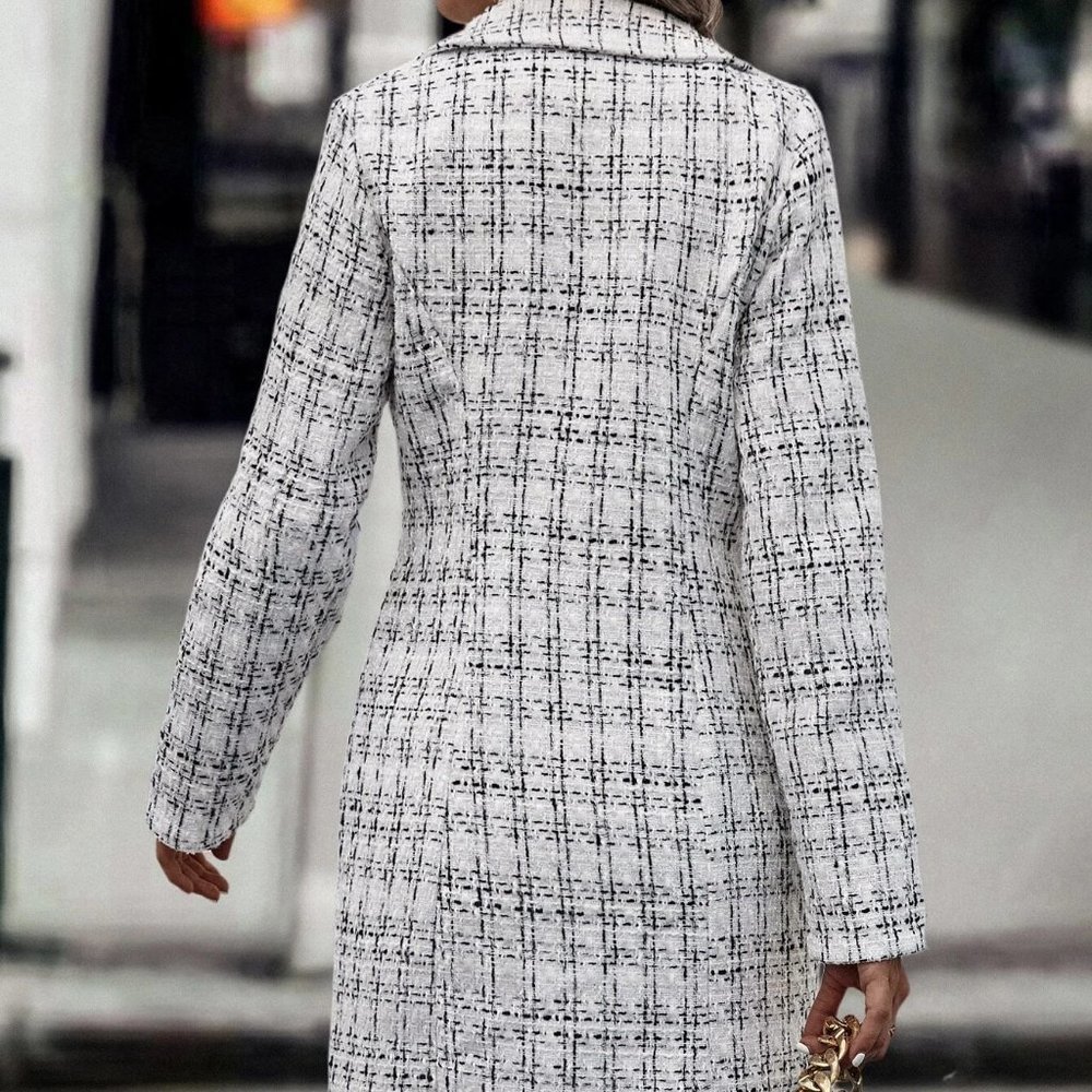 White Preppy Womens Plaid Pattern Double Breasted Tweed Overcoat - Picture 2 of 5